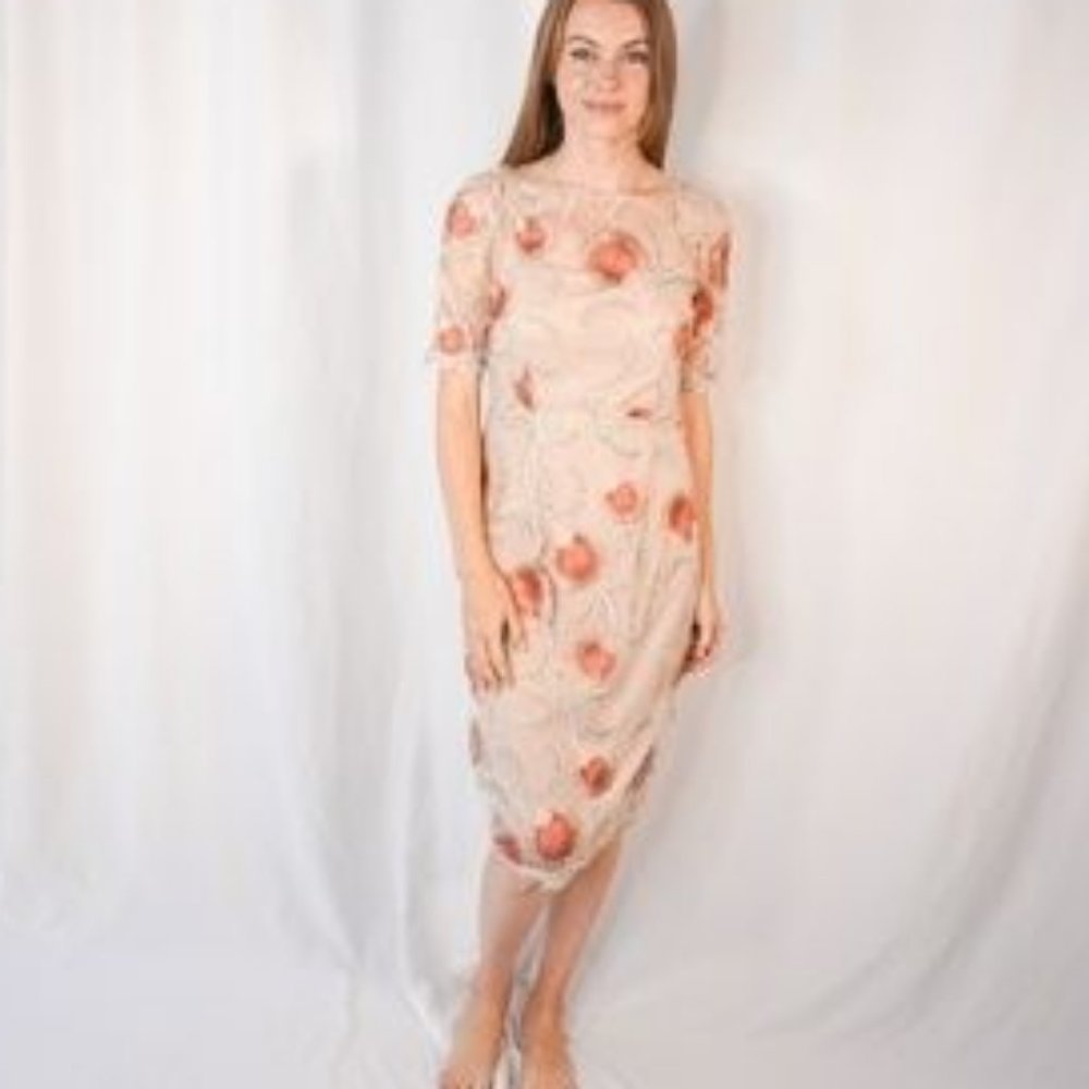 ADRIANNA PAPELL Embroidered Pink Floral Dress